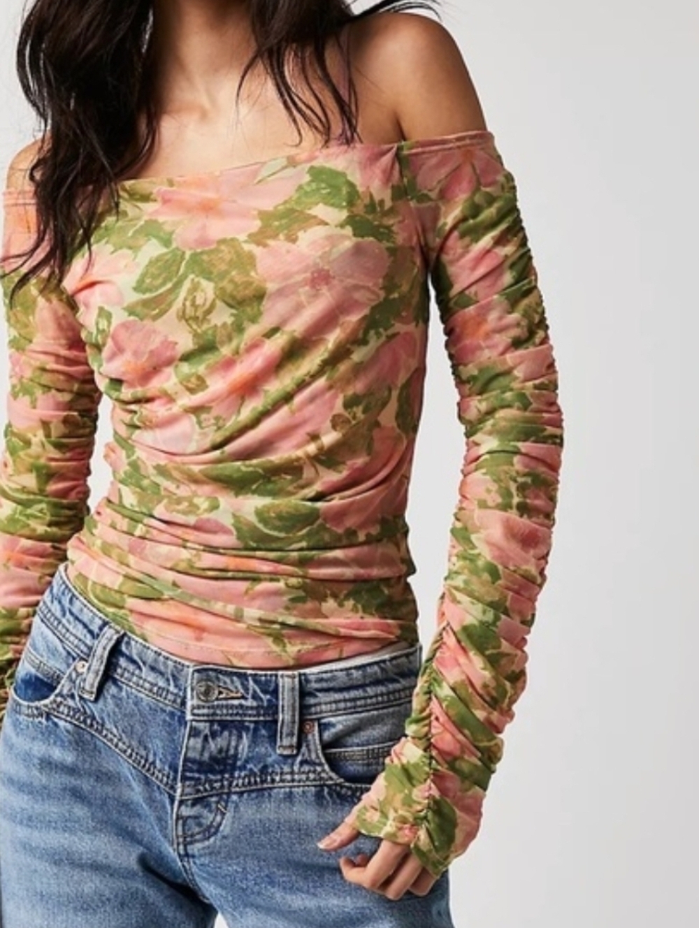Free People Harlow floral print long ruched sleeves draped Top Size Small